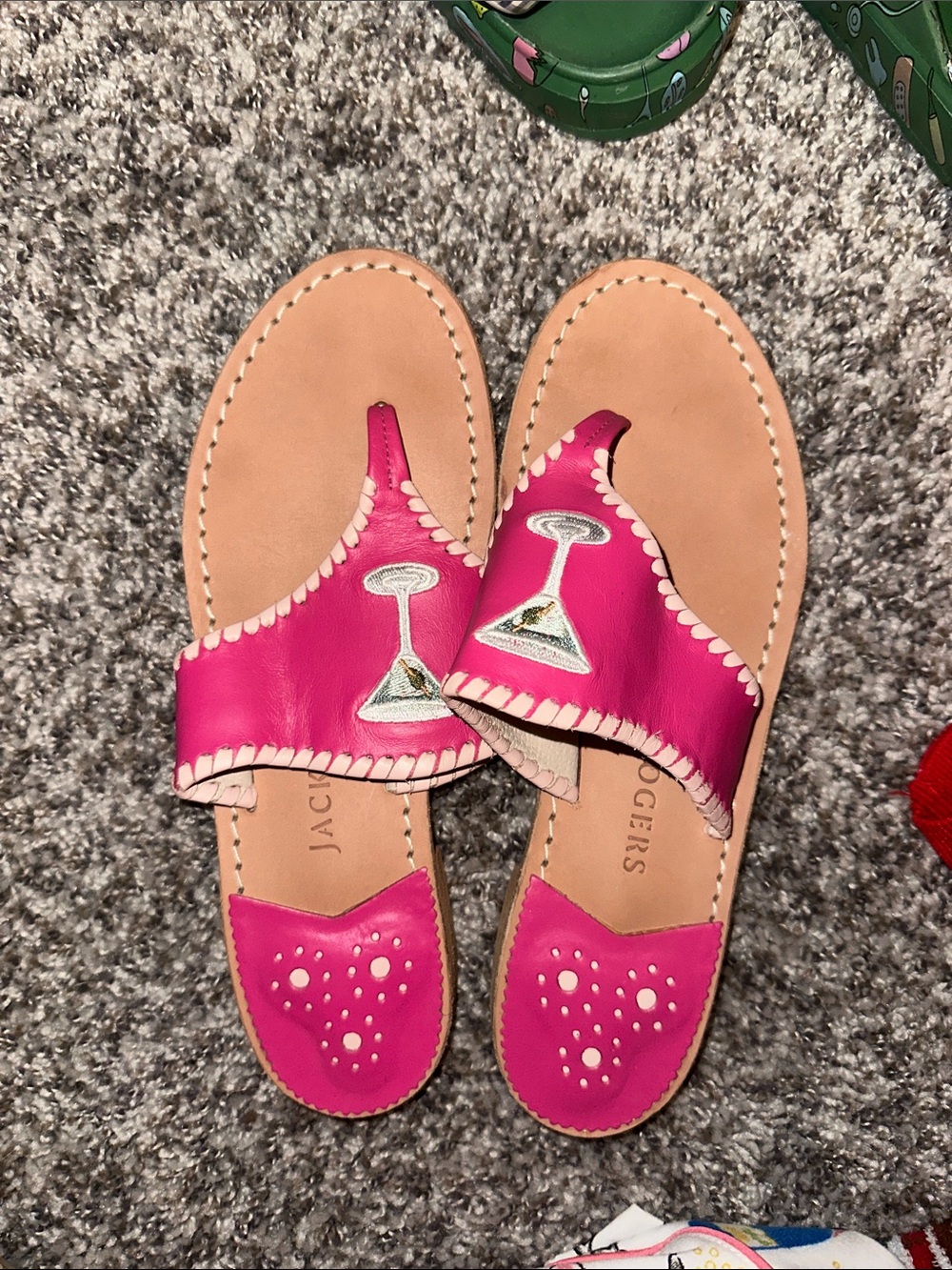 Jack Rogers Hot Pink Leather Thong Sandals with Embroidered Martini